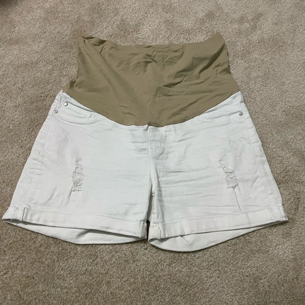 White distressed maternity shorts